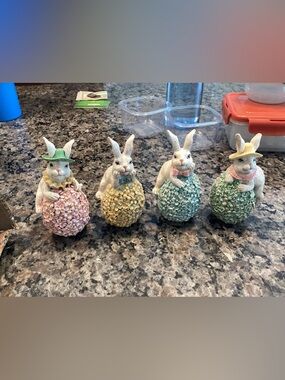 Pastel Bunny Figurine Set with Floral Egg Bases - Multicolor